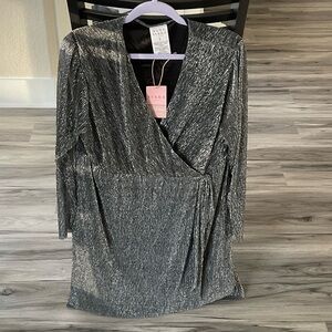Womens cocktail party dress, black and silver, midi, long sleeves, size L, Serra